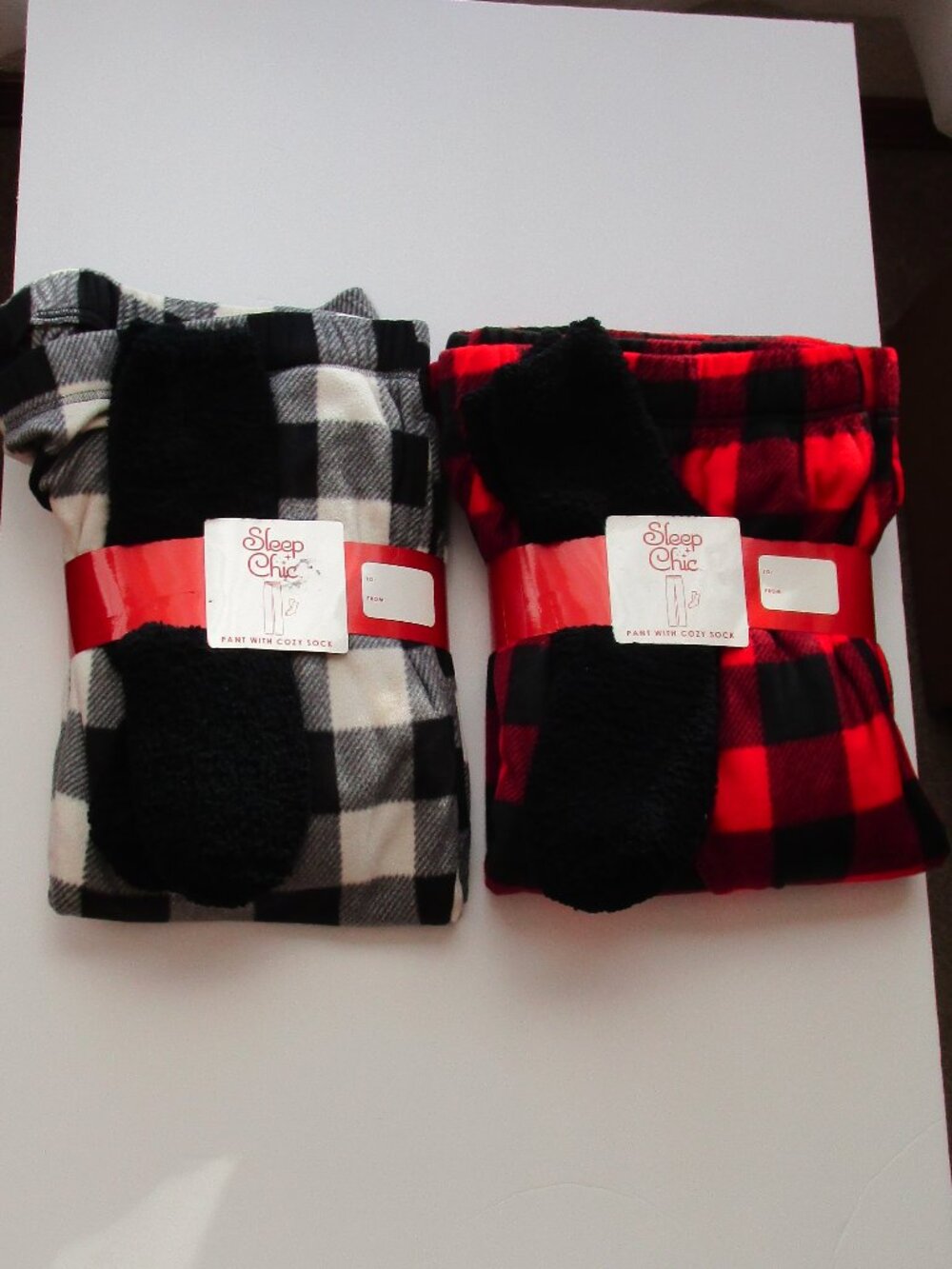 2 sets Sleep Chic Fleece Pajama Pants w/ slipper socks - plaid red/white/black